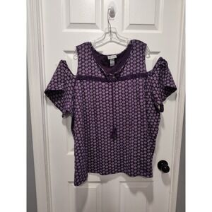 Catherines Plus Size 3X 26/28W purple/white 100% cotton cold shoulder knit top